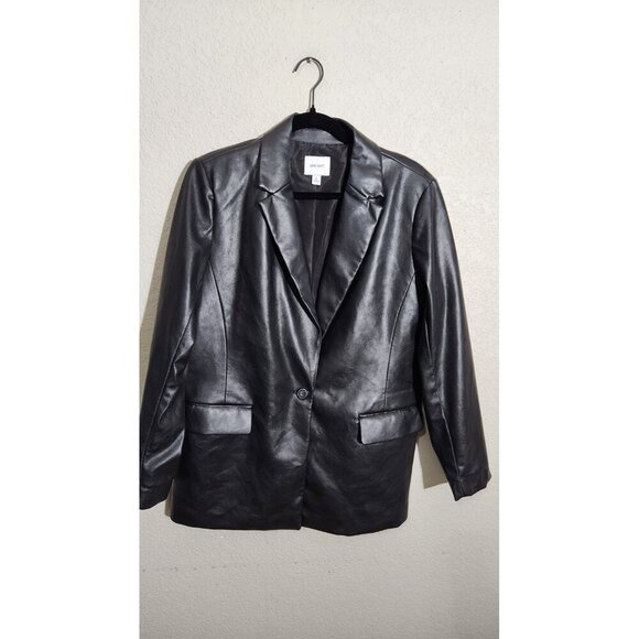 Nine West Jacket Womens Large Black Faux Leather Blazer Button Pockets Classic - Picture 1 of 9